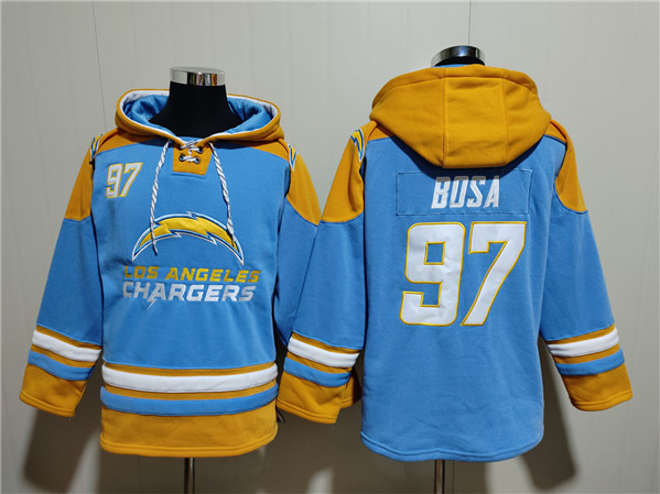 Men's Los Angeles Chargers 97 Joey Bosa Light Blue Ageless Must-Have Lace-Up Pullover Hoodie