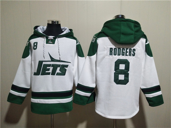 Men's New York Jets 8 Aaron Rodgers White Ageless Must-Have Lace-Up Pullover Hoodie