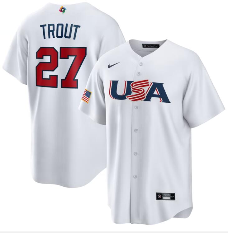 USA 27 Mike Trout White Nike 2023 World Baseball Classic Jersey