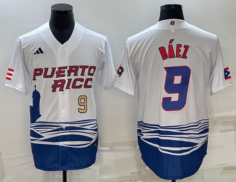 Men's Puerto Rico 9 Javier Baez White 2023 World Baseball Classic Jersey