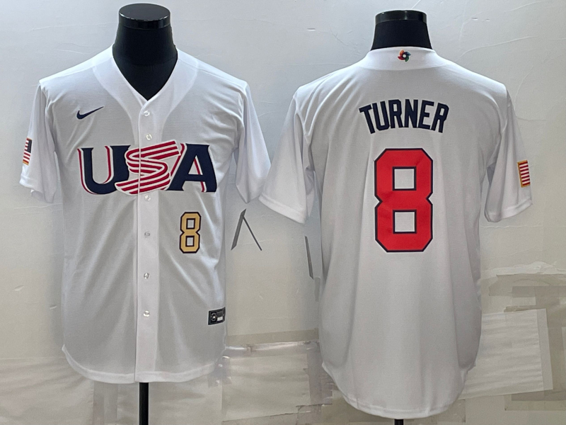 USA 8 Trea Turner White Nike 2023 World Baseball Classic Jerseys - Click Image to Close