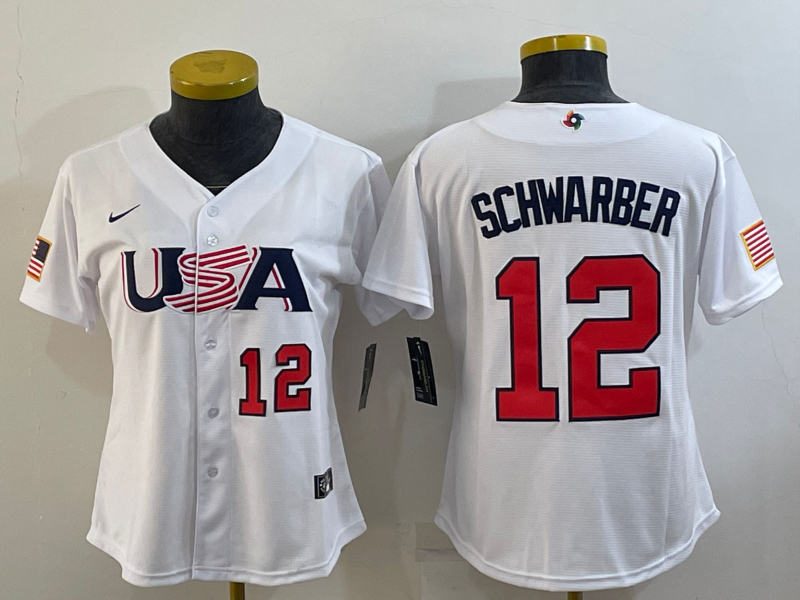 USA 12 Kyle Schwarber White Women Nike 2023 World Baseball Classic Jersey