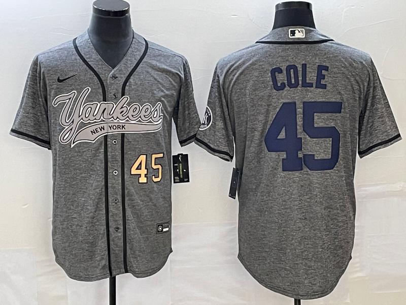 Yankees 45 Gerrit Cole Number Gray Gridiron Cool Base Jersey