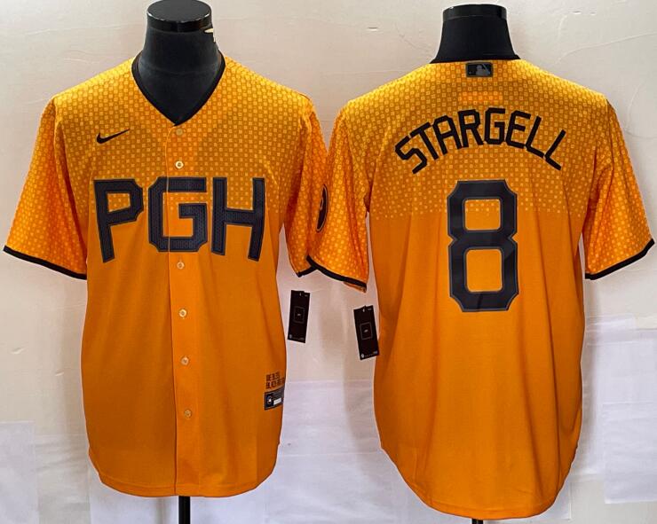Pirates 8 Willie Stargell Gold Nike 2023 City Connect Cool Base Jersey