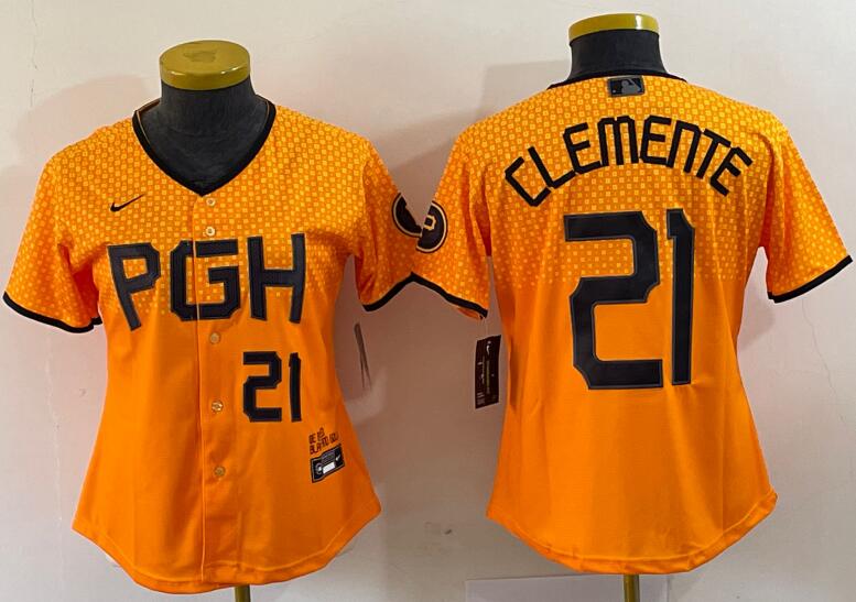 Pirates 21 Roberto Clemente Gold Women Nike 2023 City Connect Cool Base Jersey
