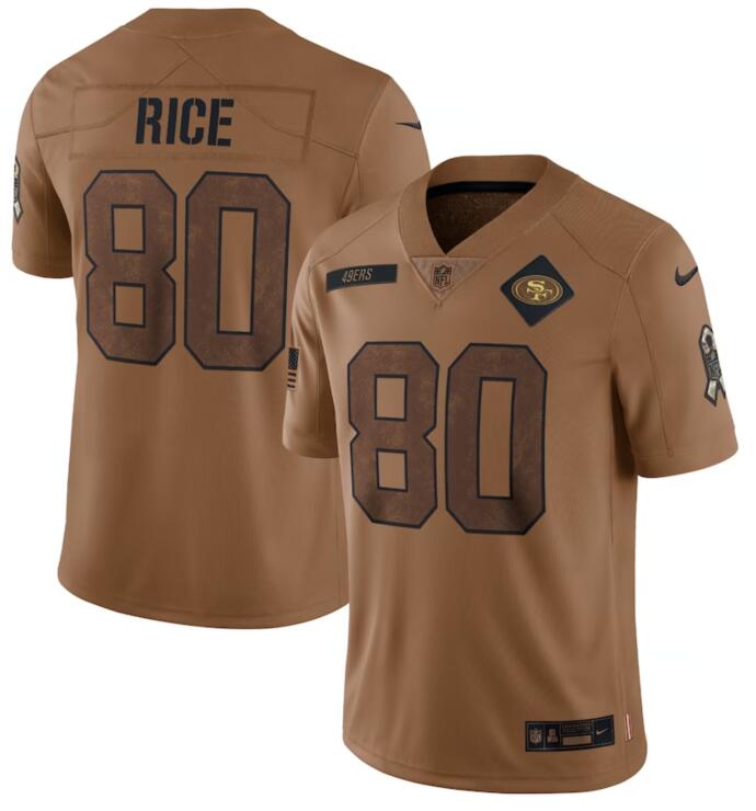 Nike 49ers 80 Jerry Rice Brown 2023 Salute To Service Limited Jersey - Click Image to Close