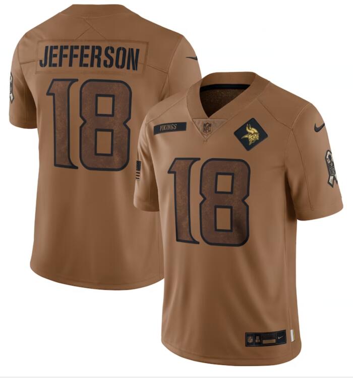 Nike Vikings 18 Justin Jefferson Brown Brown 2023 Salute To Service Limited Jersey