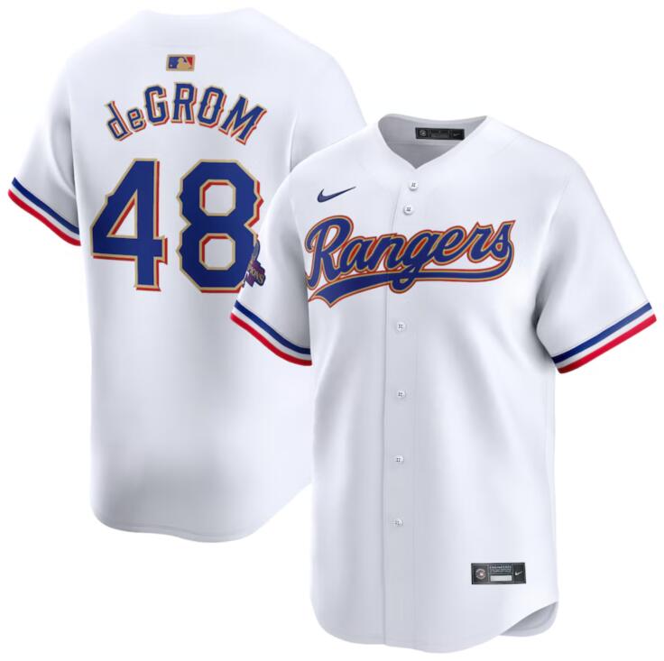 Rangers 48 Jacob deGrom White Gold Nike 2024 Gold Collection Cool Base Jersey
