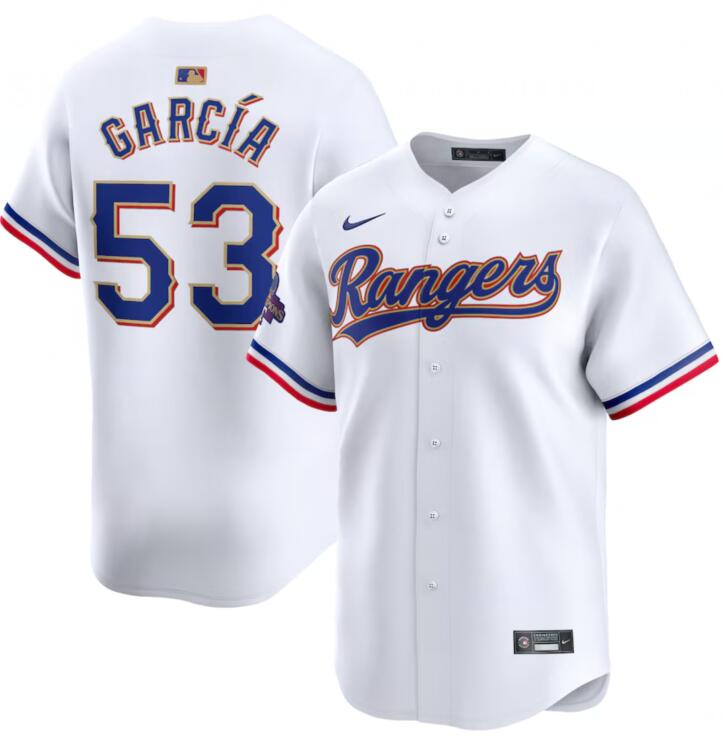 Rangers 53 Adolis Garcia White Gold Nike 2024 Gold Collection Cool Base Jersey - Click Image to Close