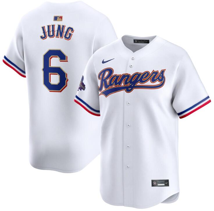Rangers 6 Josh Jung White Gold Nike 2024 Gold Collection Cool Base Jersey - Click Image to Close