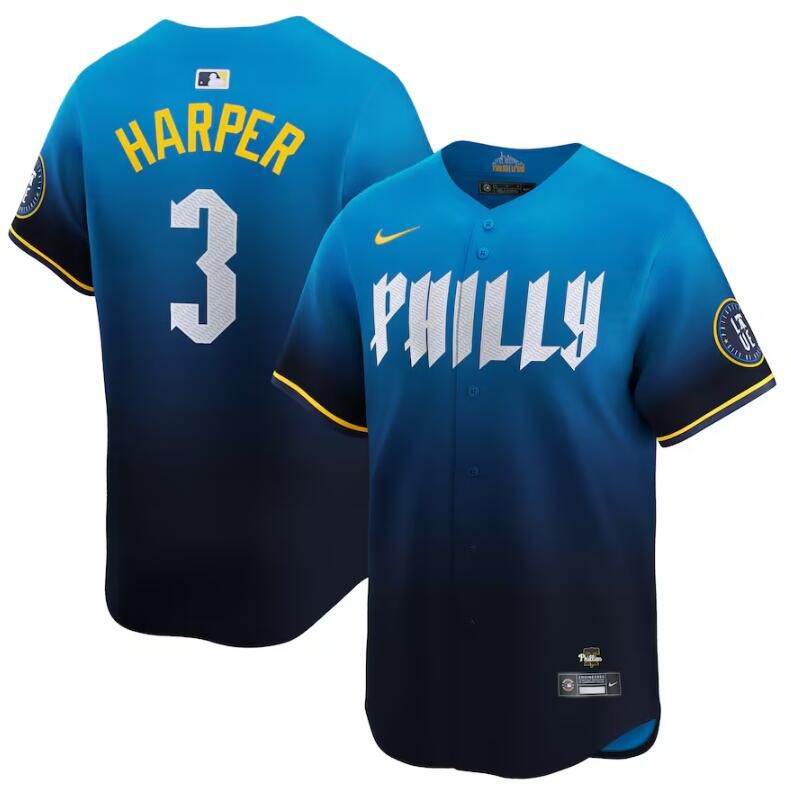 Phillies 3 Bryce Harper Blue Nike 2024 City Connect Cool Base Jersey