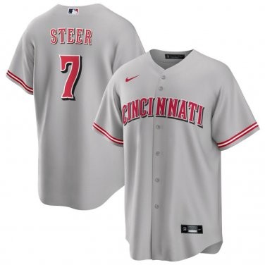 Reds 7 Spencer Steer Gray Nike Cool Base Jersey - Click Image to Close