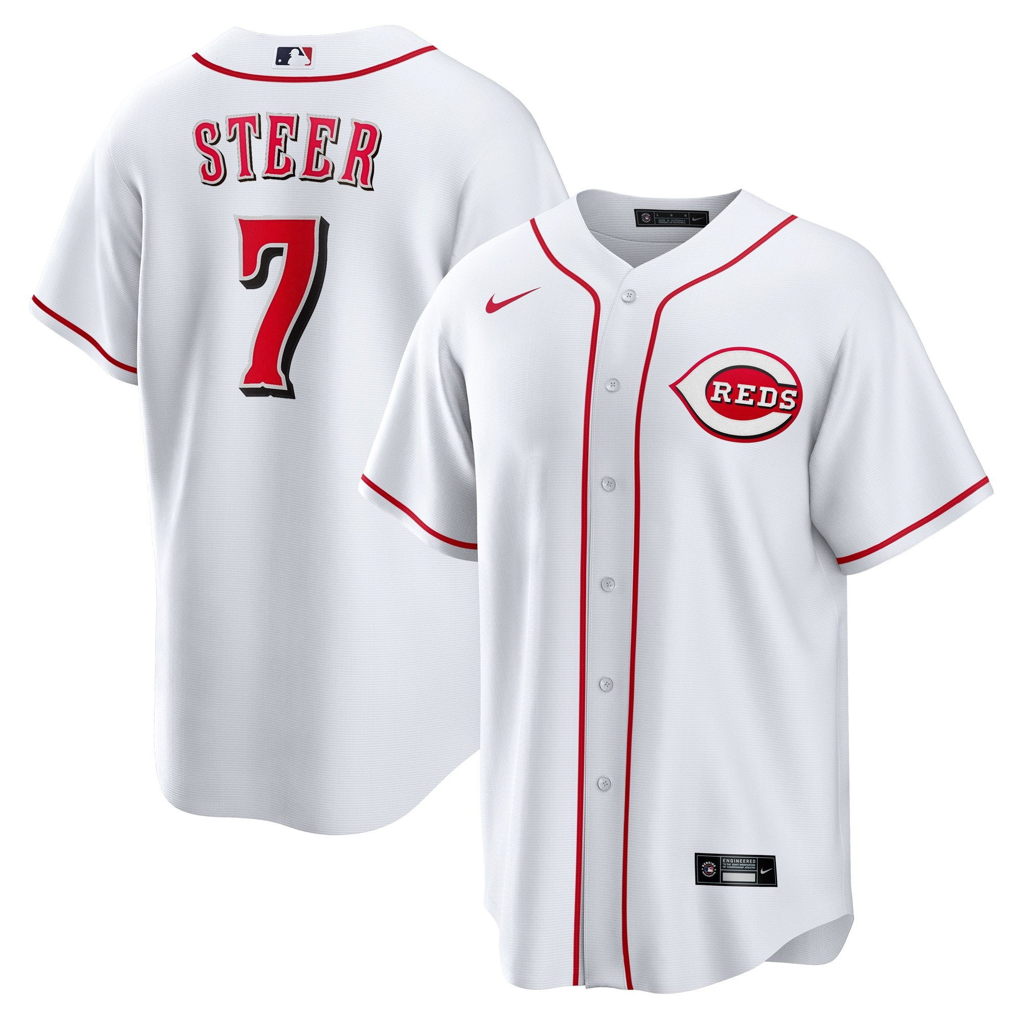 Reds 7 Spencer Steer White Nike Cool Base Jersey - Click Image to Close