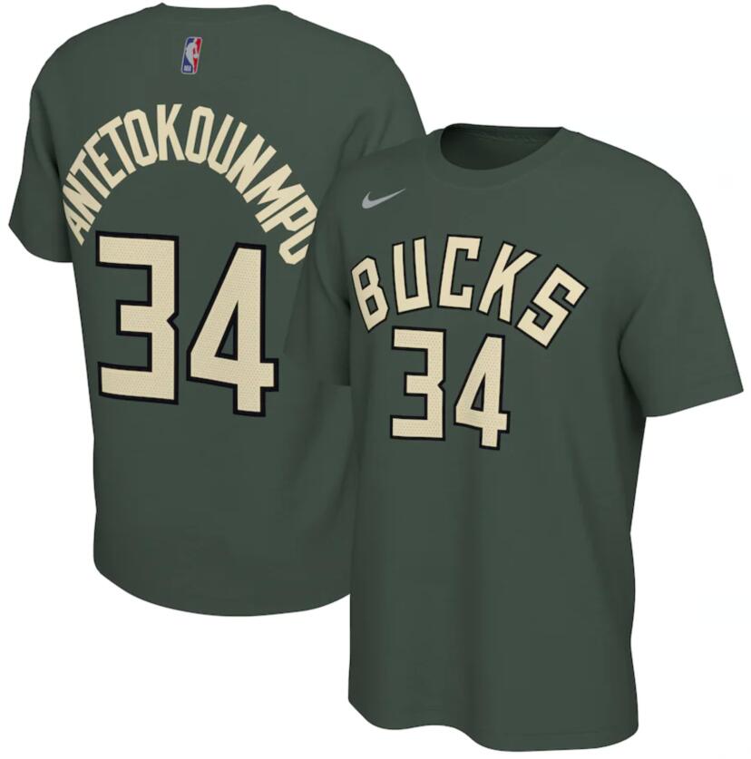 Men's Milwaukee Bucks Giannis Antetokounmpo Nike Hunter Green 2020-21 Earned Edition Name & Number T-Shirt