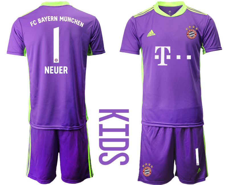 2020-21 Bayern Munich 1 NEUER Purple Youth Goalkeeper Soccer Jersey