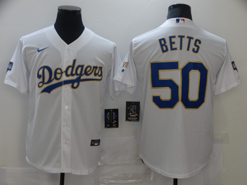 Dodgers 50 Mookie Betts White Nike 2021 Gold Program Cool Base Jersey - Click Image to Close
