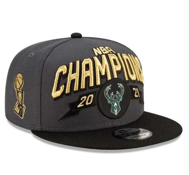 Bucks Team Logo Gray Black New Era 2021 NBA Finals Champions Adjustable Hat SG
