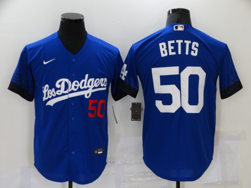 Dodgers 50 Mookie Betts Royal 2021 City Connect Cool Base Jersey