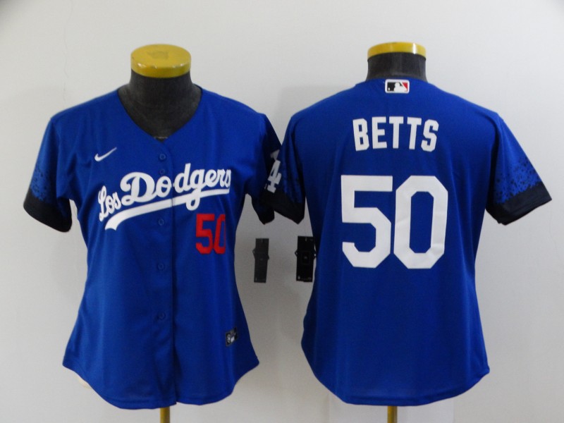 Dodgers 50 Mookie Betts Royal Women 2021 City Connect Cool Base Jersey
