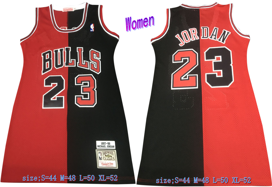 Bulls 23 Michael Jordan Split Black Red Women 1997-98 Hardwood Classics Mesh Jersey