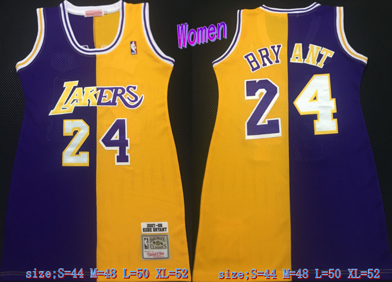 Lakers 24 Kobe Bryant Split Yellow Purple Women 2007-08 Hardwood Classics Jersey