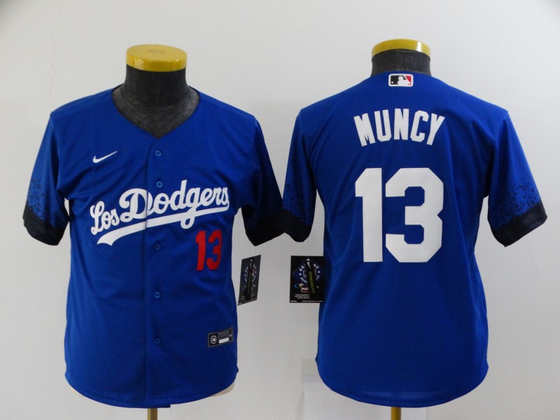 Dodgers 13 Max Muncy Royal Youth 2021 City Connect Cool Base Jersey