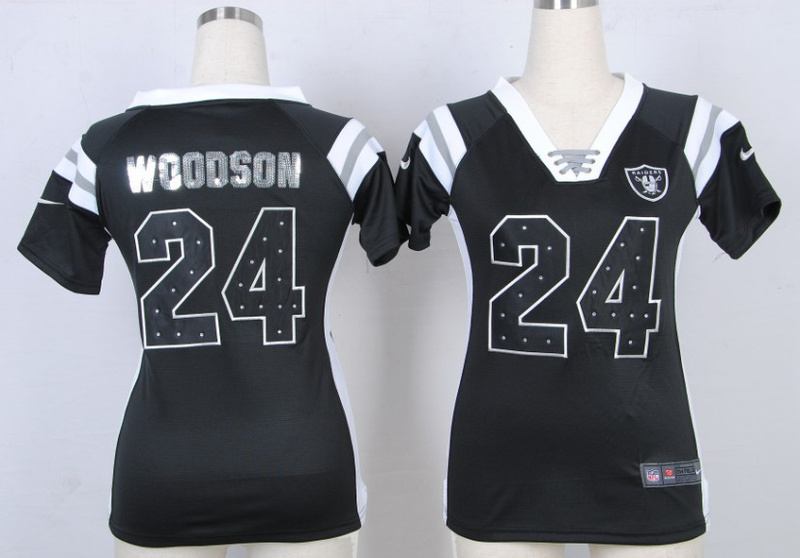 Nike Raiders 24 Charles Woodson Black Sequin Lettering Women Jersey - Click Image to Close
