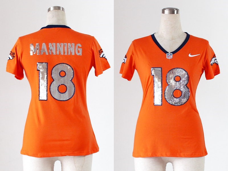 2013 Nike Broncos 18 Manning Orange Sequin Lettering Women Jerseys