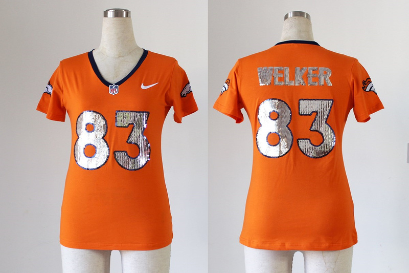 2013 Nike Broncos 83 Welker Orange Sequin Lettering Women Jerseys - Click Image to Close