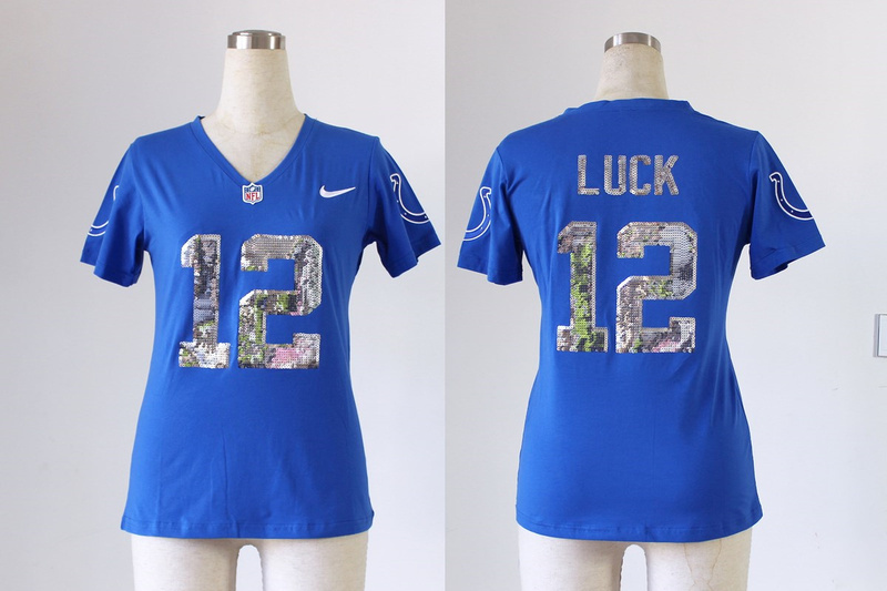 2013 Nike Colts 12 Luck Blue Sequin Lettering Women Jerseys - Click Image to Close
