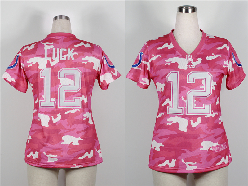 2013 Nike Colts 12 Luck Pink Camo Fashion Women Jerseys - Click Image to Close