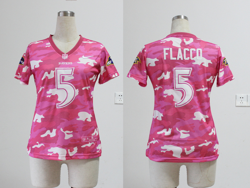 2013 Nike Ravens 5 Flacco Pink Camo Women Jerseys