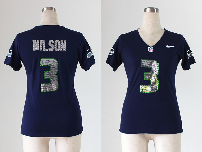 2013 Nike Seahawks 3 Wilson Blue Sequin Lettering Women Jerseys