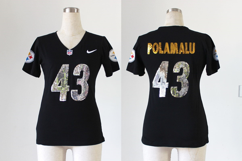 2013 Nike Steelers 43 Polamalu Black Sequin Lettering Women Jerseys