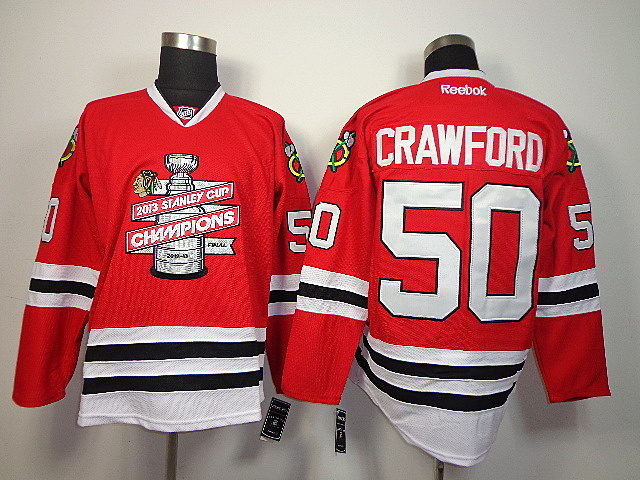Blackhawks 50 Crawford 2013 Stanley Cup Champions Red Jerseys