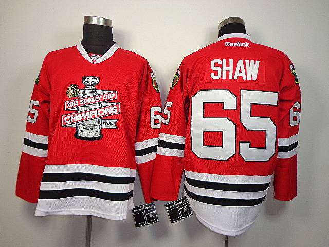 Blackhawks 65 Shaw 2013 Stanley Cup Champions Red Jerseys