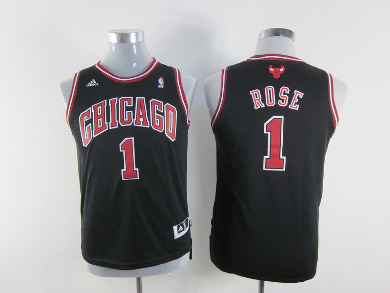Bulls 1 Rose Black New Fabric Youth Jersey - Click Image to Close