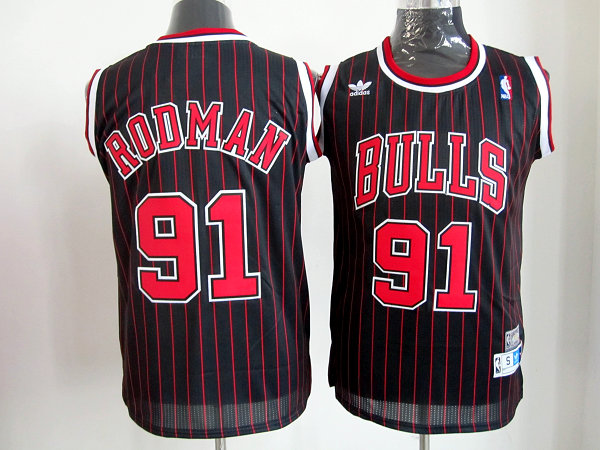 Bulls 91 Rodman Black red strip Jerseys