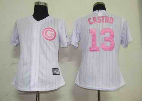 Cubs 13 Castro white pink strip women Jersey