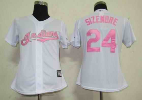 Indians 24 Sizemore white pink number women Jersey