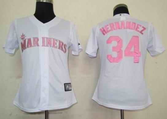 Mariners 34 Hernandez white pink number women Jersey