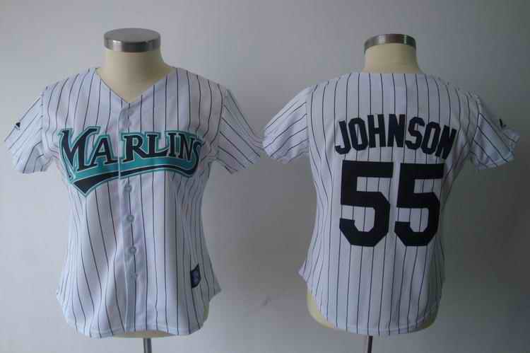 Marlins 55 Johnson white black strip women Jersey