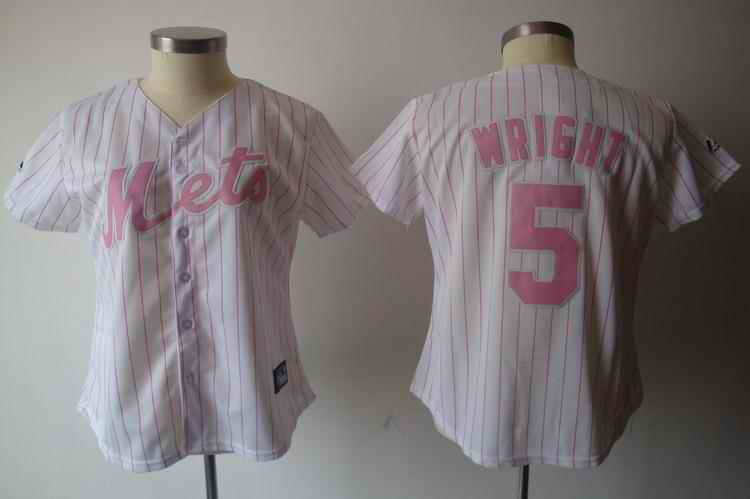 Mets 5 Wright white pink strip women Jersey