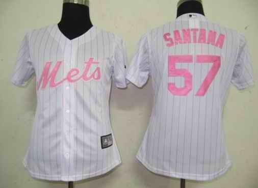 Mets 57 Santana white pink strip women Jersey