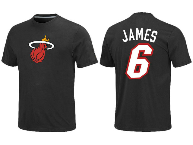 Miami Heat 6 LeBron James Name and Number Black T-Shirt - Click Image to Close