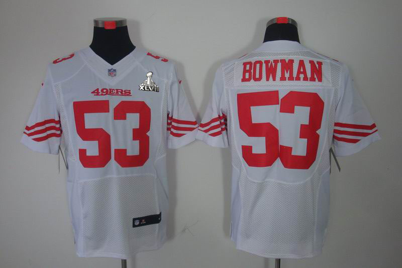 Nike 49ers 53 Bowman White Elite 2013 Super Bowl XLVII Jersey