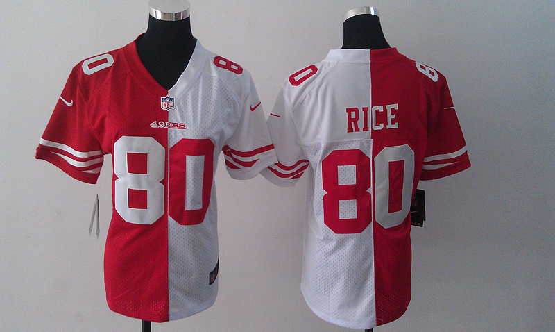 Nike 49ers 80 Rice Red&White Women Split Jerseys