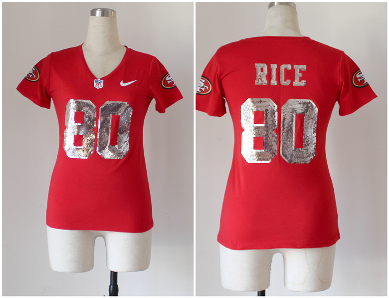 Nike 49ers 80 Rice Red Sequin Lettering Women Jerseys