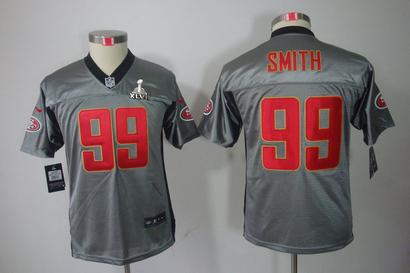 Nike 49ers 99 Smith Grey Shadow Kids Elite 2013 Super Bowl XLVII Jersey