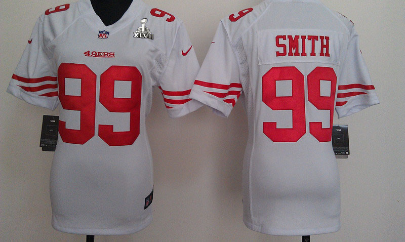 Nike 49ers 99 Smith White Women Game 2013 Super Bowl XLVII Jersey